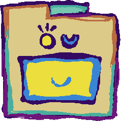 a beige folder with the toki pona flag (a yellow background with a blue 'pona' in sitelen pona, and a blue edge). above it is 'toki pona' written in sitelen pona; the inside of the circle in toki is yellow, and the inside of the line in pona is blue.